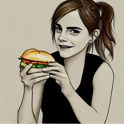 Prompt: “a drawing of Emma Watson eating a hamburger”