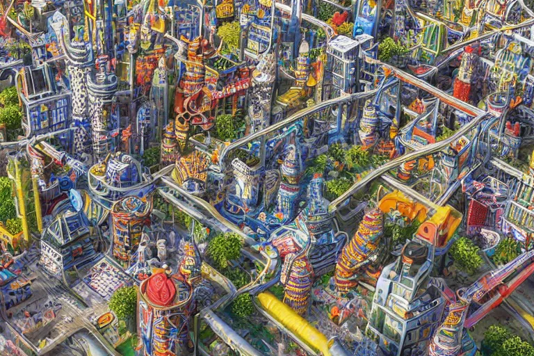 Image similar to an elaborate penned illustration of a colorful intricate connected city of tubes and pipes, by jan van haasteren and jheronimus bosch, unreal engine, physically based rendering, ariel view, tilt - shift