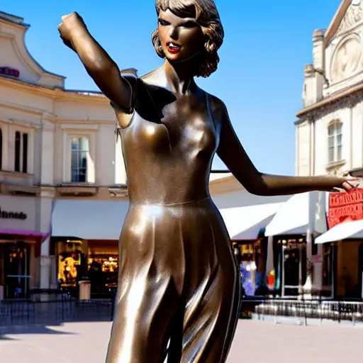 Image similar to a bronze sculpture of taylor swift on a plynth in the middle of the town square