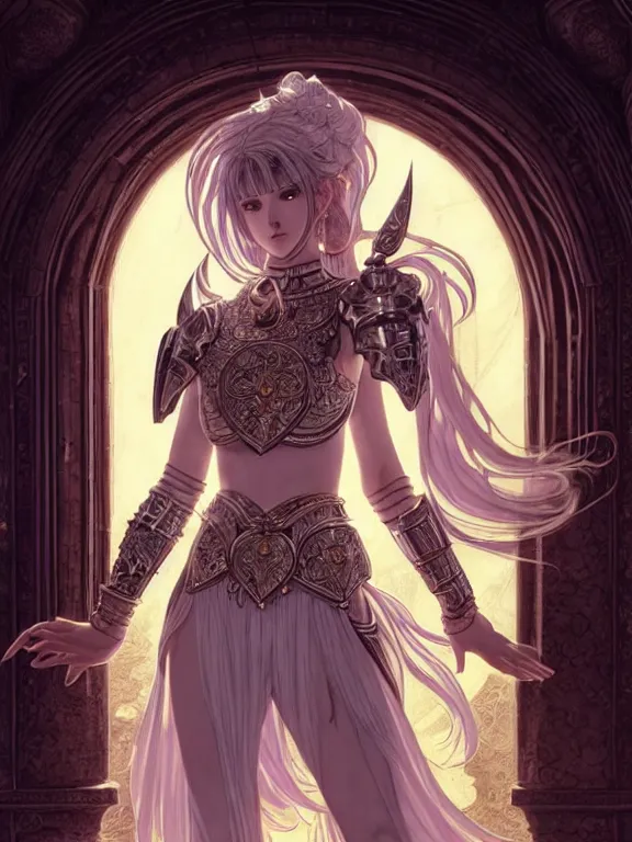 Image similar to full body picture of a moon knightress in the temple, coveted, beautiful and aesthetic, intricate, unreal engine, messy hair, highly detailed, detailed face, smooth, sharp focus, chiaroscuro, manga illustration, artgerm, greg rutkowski, ilya kuvshinov, rossdraws, alphonse mucha, young adult light novel cover art