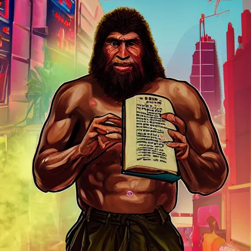 Prompt: an painting with saint homo neanderthalis with book of science on hand, gta chinatown wars art style, hyperrealistic, rgba colors, remove duplicate content, justify contents center.