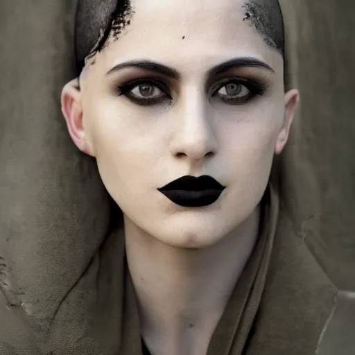 Image similar to a portrait of a bald goth female, dark eyes, dark hair, olive skin, depth of field, zeiss lens, detailed, centered, artstation, fashion photoshoot, by Annie Leibovitz and Steve McCurry, David Lazar, Jimmy Nelsson, Breathtaking, 8k resolution, extremely detailed, beautiful, establishing shot, artistic, hyperrealistic, beautiful face, octane render