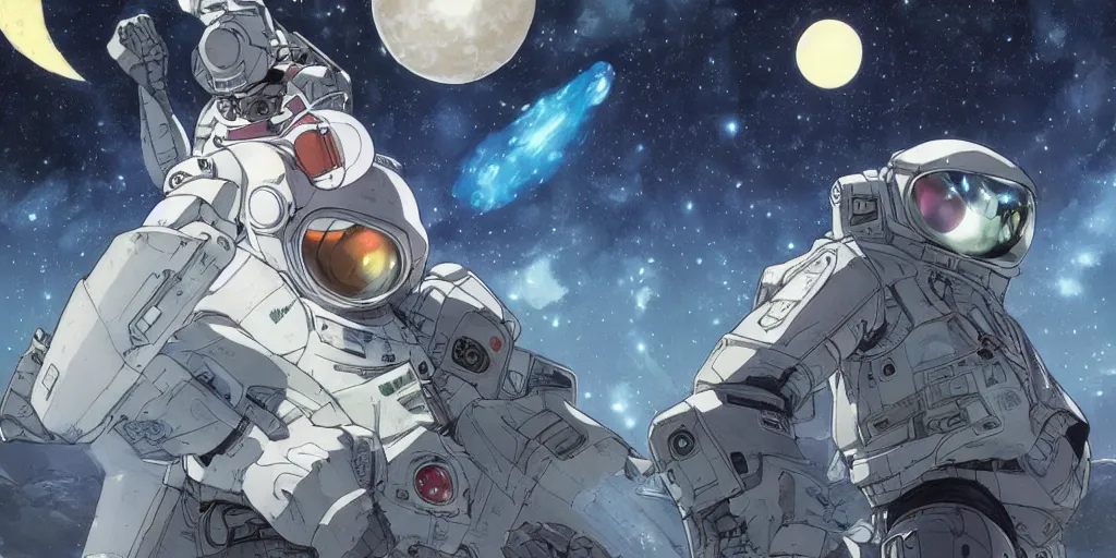 Prompt: war between a planet and it's moon, protection shield, art by makoto shinkai and alan bean, yukito kishiro