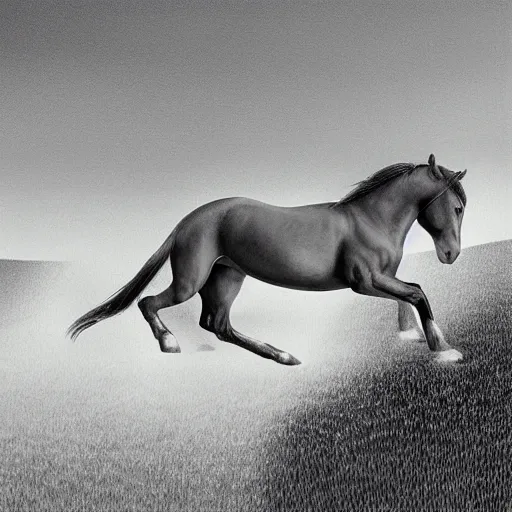 Prompt: A beautiful illustration of a horse. The horse is shown running through a field with a flowing mane and tail. The background is a peaceful blue sky. heliotrope by Mark Arian, by Herbert List