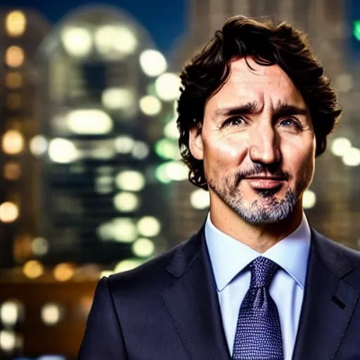 Prompt: a still of Justin Trudeau. He's wearing a suit, dark. Studio lighting, shallow depth of field. Professional photography City at night in background, lights, colors,4K