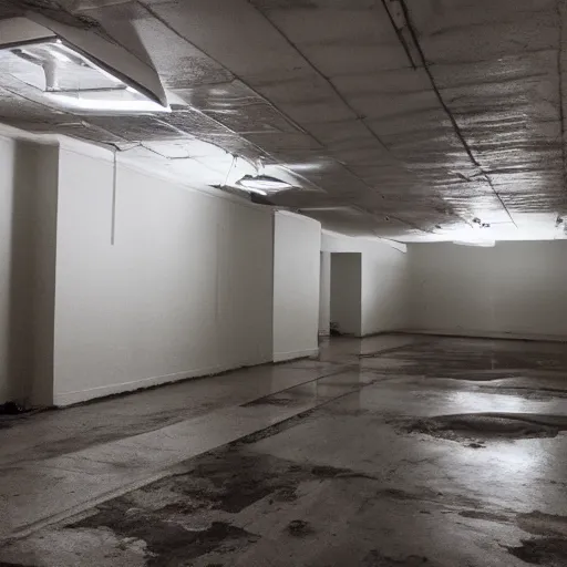 Image similar to a liminal space, new level for the backrooms, eerie, depressing lighting