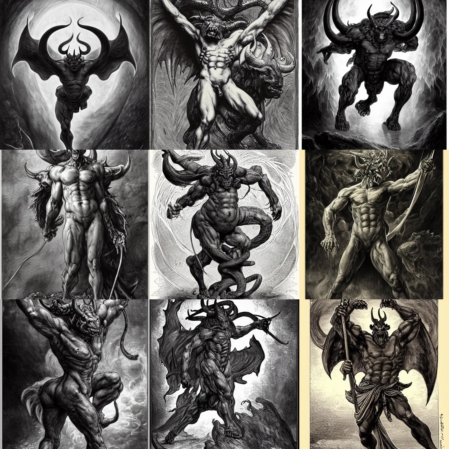 Prompt: full body, grayscale, 3/4 view, muscled humanoid balrog demon, horns, hoofs, claws, large horned tail, heroic pose,partly covered by flames, fire, tarot, lineart, Gustave Dore, alphonse mucha, dominik mayer, high contrast
