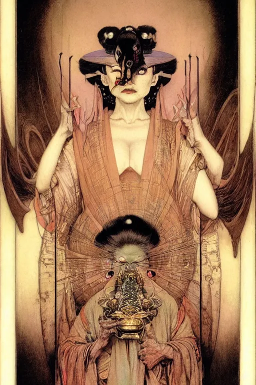 Image similar to geisha alchemist by wayne barlowe, gustav moreau, goward,  Gaston Bussiere and roberto ferri, santiago caruso, and austin osman spare, ((((occult art))))