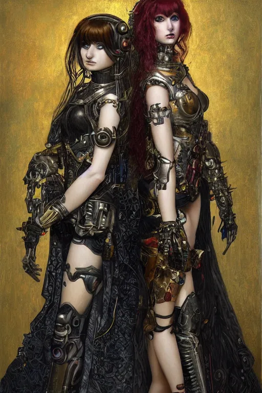 Image similar to portrait of two beautiful young gothic cyborg maidens, cyberpunk, Warhammer, kiss, highly detailed, artstation, illustration, art by Gustav Klimt