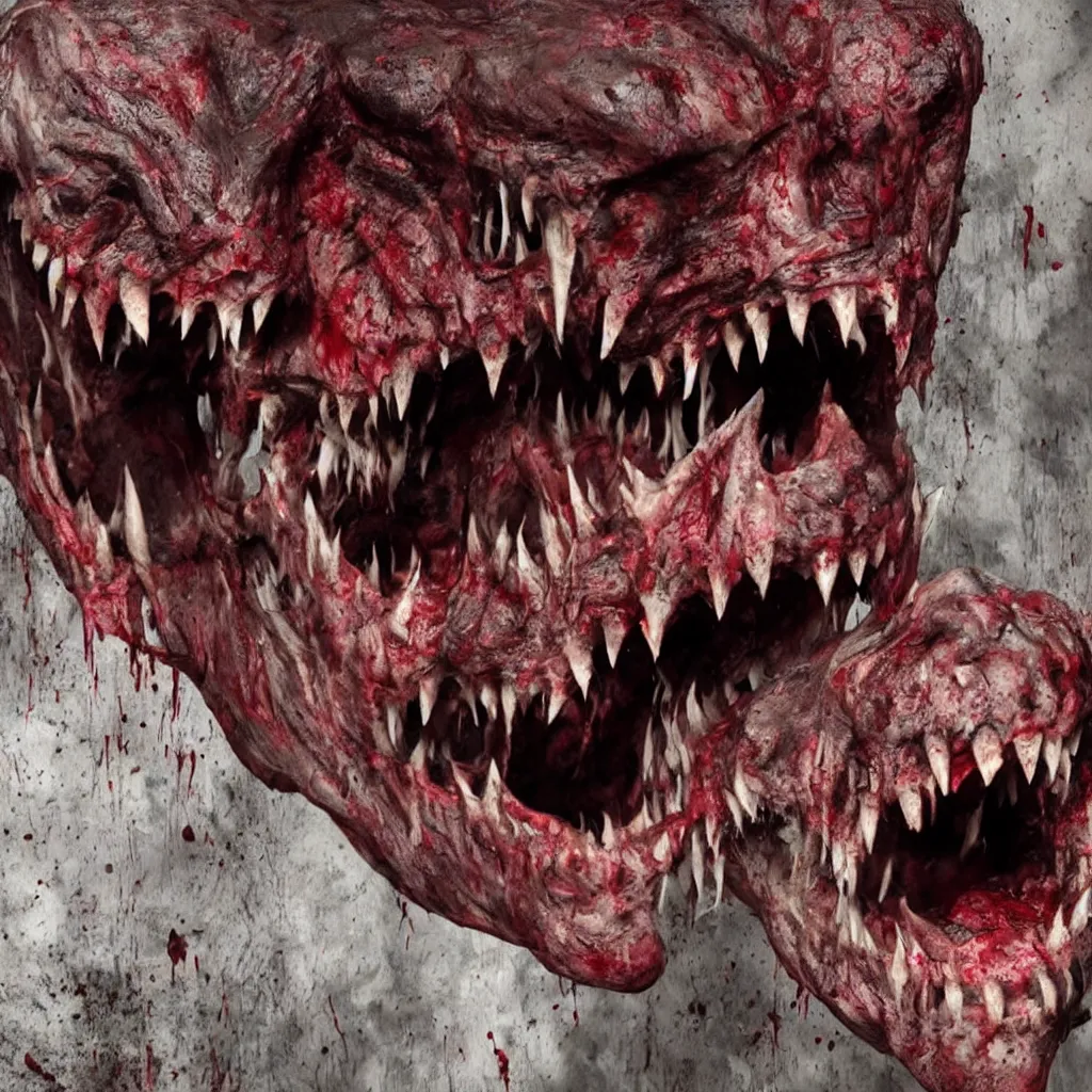 Image similar to horrifying and dark creature, realistic, fangs, blood thirsty