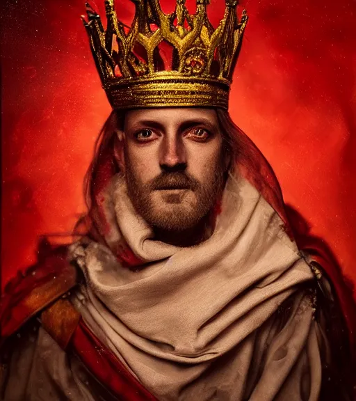 Image similar to 'Portrait of Crowned King Arthur' by Lee Jeffries royally decorated, whirling plasma, atmospheric motes, red and gold Sumptuous garb, gilt silk fabric, radiant colors, fantasy, perfect lighting, studio lit, micro details,