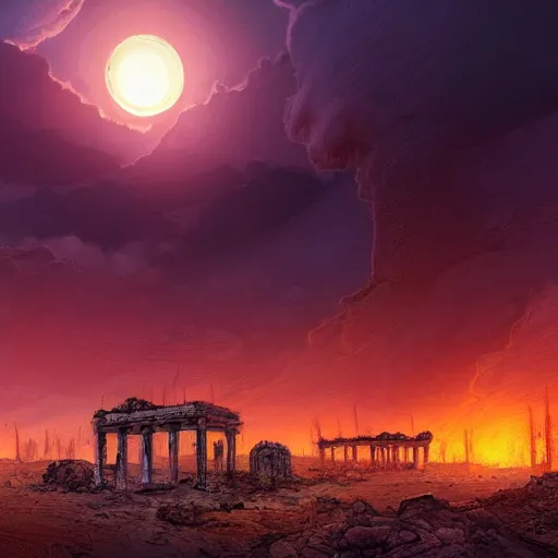 Prompt: apocalyptic burning desert landscape with ruins, warm backlit, anime