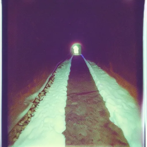 Prompt: a dark and narrow glacier tunnel, dark, creepy, eerie, unsettling, terrifying, old polaroid, expired film, deep,