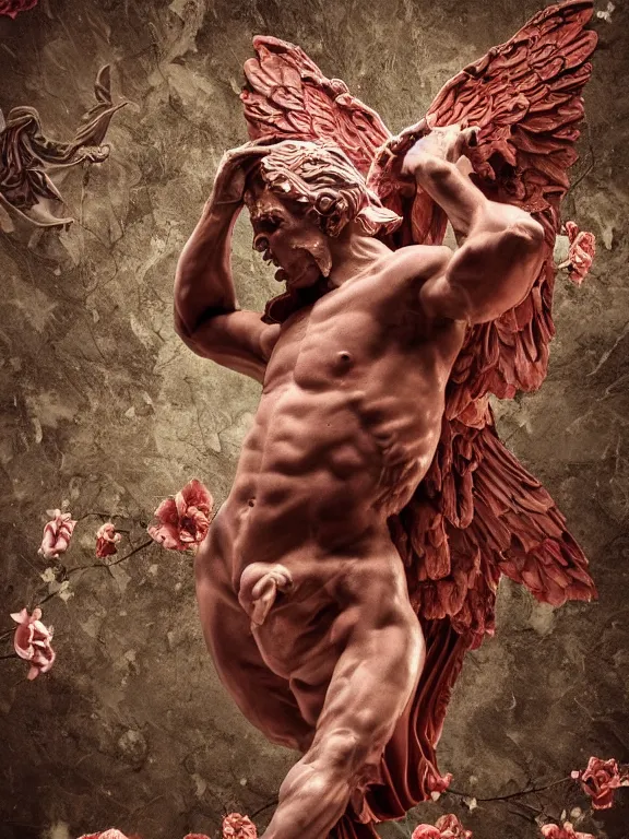 Prompt: a falling man in the form of a Greek sculpture apollon with wings and skulls and flowers sinking in lake bubbling red wax, super hero pose, skull, flowers, baroque. intricate artwork like marvel comix style. Trending on artstation. octane render, cinematic, hyper realism, octane render, 8k, depth of field, bokeh. iridescent accents. vibrant. teal and gold and red colour scheme