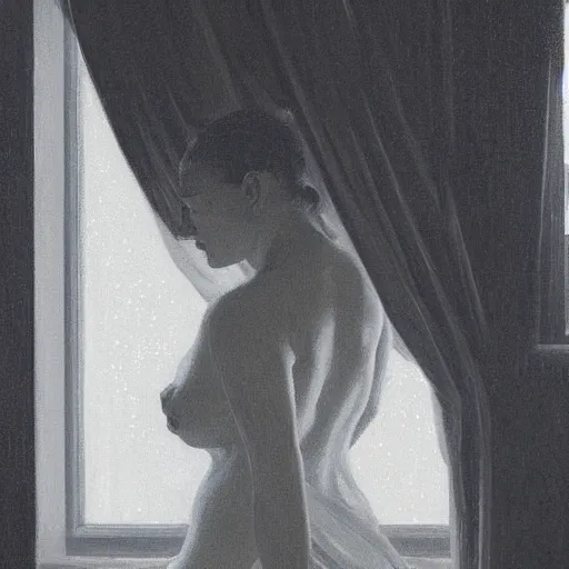 Prompt: silhouette of a woman gazing out her hotel window at the rain, extremely detailed masterpiece, oil on canvas, low-key neon lighting, in the world of Edward Hopper, artstation, by J. C. Leyendecker and Peter Paul Rubens,