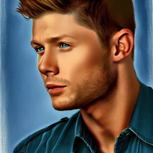 Image similar to Stunning portrait of handsome Jensen Ackles as an angel, in the style of norman rockwell, digital art