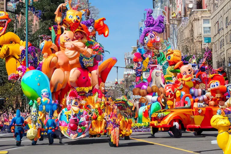 Image similar to photo of giant elaborate parade float characters designed by geoff darrow!!!! and ( ( ( ( ( ( lisa frank ) ) ) ) ) ), in the macys parade, detailed 4 k photo