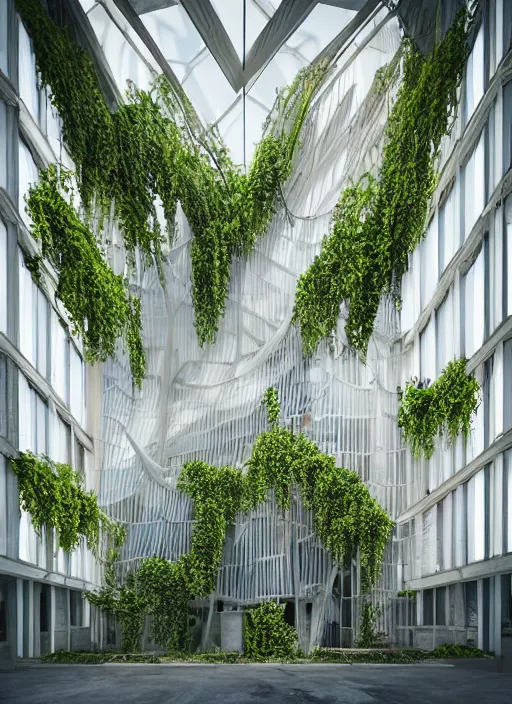 Image similar to “derelict architecture single building , the windows are growing single vines, building designed by architect Zaha Hadid, architecture digest, building surrounded in a luxury environment, bright tones, fluorescent lighting,volumetric Lighting, photorealism, high detail, golden ratio, cinematic, octane renderer”