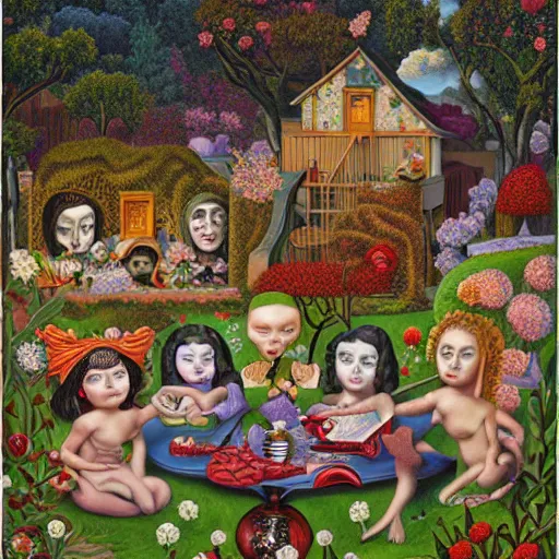 Prompt: the Garden of terrible beautiful painting by Mark Ryden and Alex Gross, Todd Schorr highly detailed