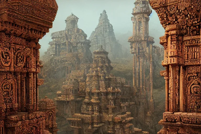 Image similar to photography of a beautiful archipelago of never seen before stunning ancient indian temple. intricate pilars patern, runes. flowers. inspiring science fiction, intricate, elegant, uplifting, inspirational, highly detailed by beksinski and simon stalenhag