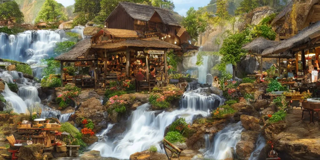 Prompt: a marketplace selling rivers and waterfalls, surreal