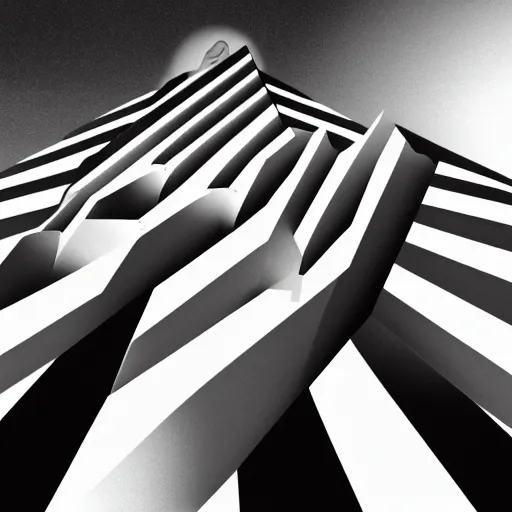 Image similar to A black and white freemasonic chequered surrealist digital painting of a stairway to into the clouds in the art style of jeff koons, Gilbert williams, Edwin Frederic Church and Christopher Balaskas, trending on artstation, 4k UHD