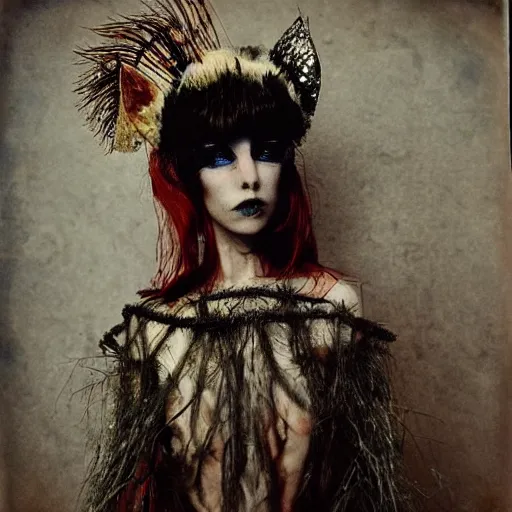 Image similar to damaged kodak portra 4 0 0, wetplate, photo of a surreal artsy dream scene,, very beautiful model, weird fashion, grotesque, extravagant dress, strange pose, carneval, with an animal, wtf, photographed by paolo roversi style