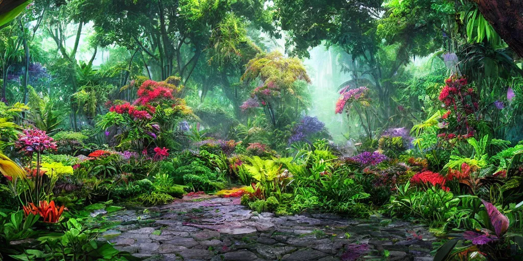 Prompt: An alien jungle, colorful flowers, pathway, reflection, rain, morning light, photorealistic, realistic, high definition, soft light, high definition, detailed, 8k, artstation