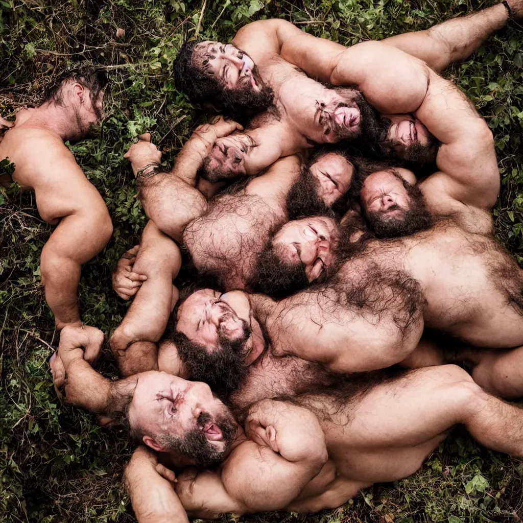 Image similar to dozens of big hairy strongmen in shorts laying down together in a bed in a forest, cuddling and kissing, photography, high details, epic, high resolution