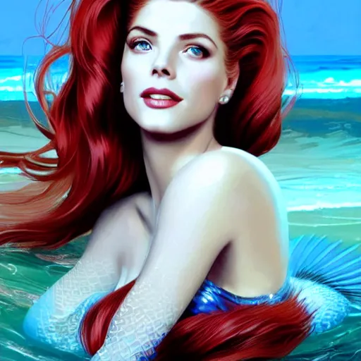 Prompt: A combination of Grace Kelly's and Katheryn Winnick's and Ashley Greene's faces with red hair as a mermaid half submerged on the beach, full body shot, western, fantasy, intricate, elegant, highly detailed, digital painting, artstation, concept art, matte, sharp focus, illustration, art by Artgerm and Greg Rutkowski and Alphonse Mucha