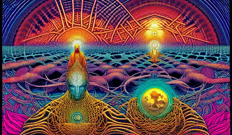 Prompt: an expansive rendering of beautiful and complex interwoven spiritual qi connection between all beings by dan mumford, by jim fitzpatrick, by joe wilson, by jim burns, by victo ngai, by jacek yerka, featured on deviant art, trending on artstation