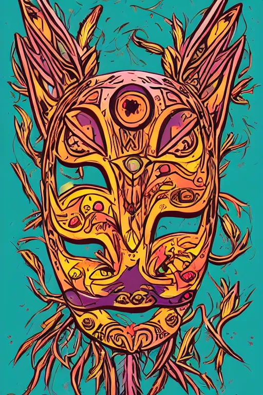 Image similar to animal mask totem roots flower tribal feather gemstone plant wood rock shaman vodoo video game vector cutout illustration vivid multicolor borderlands comics by josan gonzales and dan mumford radiating a glowing aura