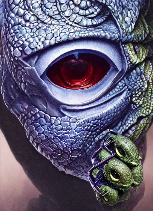 Image similar to blueberry mf doom reptile eyes, blueberry skin, blueberry juice, intricate, elegant, highly detailed, centered, digital painting, artstation, concept art, smooth, sharp focus, illustration, artgerm, tomasz alen kopera, peter mohrbacher, donato giancola, joseph christian leyendecker, wlop, frank frazetta