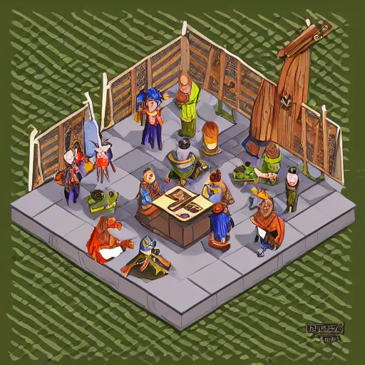 Image similar to isometric rendering of a group playing Dungeons and Dragons, Illustration, isometric, rendering, High Detail