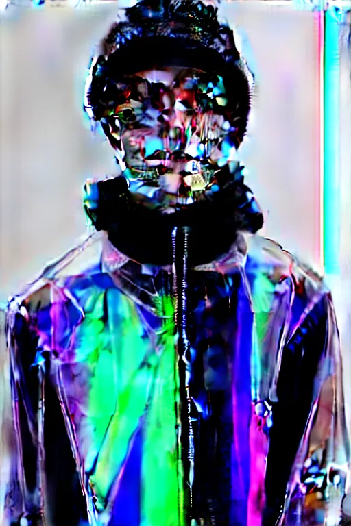 Image similar to an ultra high definition professional high fashion portrait studio full length photograph of a male model wearing a transparent pearlescent raincoat and neon visor in an icelandic black rock environment at dawn. no artefacts. extremely detailed. stark. refraction. shallow depth of field. volumetric light and shadow. ray tracing. light rays.