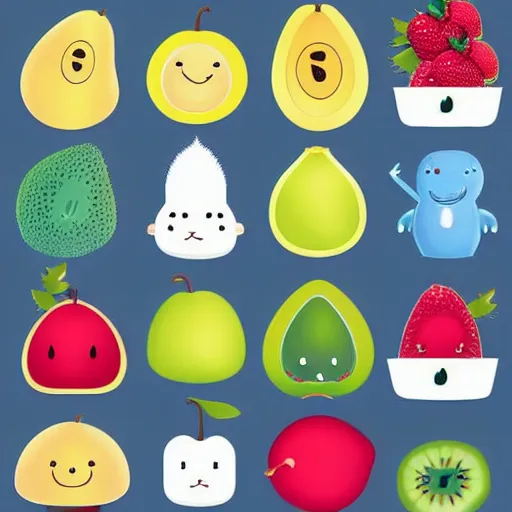 Image similar to a set of kawaii fruits isolated on white background, stylized, cartoon, cute, vector graphics, trending on pinterest, featured on artsation, high quality, smooth graphics, fine edges,