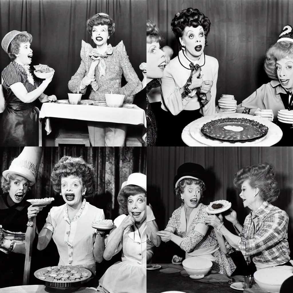 Prompt: candid photo of Lucille Ball and Carol Burnett in a pie eating contest, HD photo by Herman Leonard