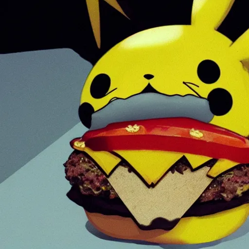 Prompt: Pikachu eating a burger