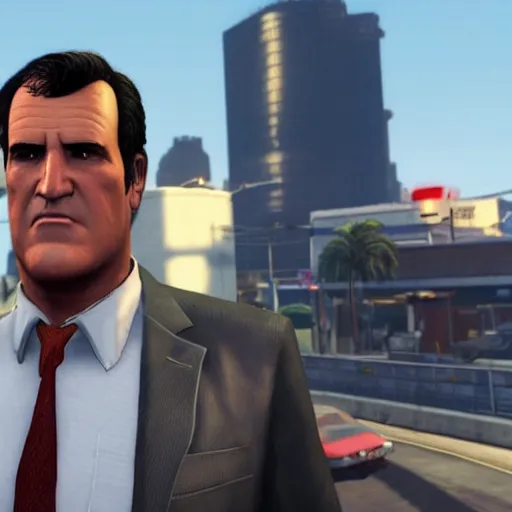 Image similar to a screenshot of bruce campbell in gta 5. 3 d rendering. unreal engine. amazing likeness. very detailed. cartoon caricature