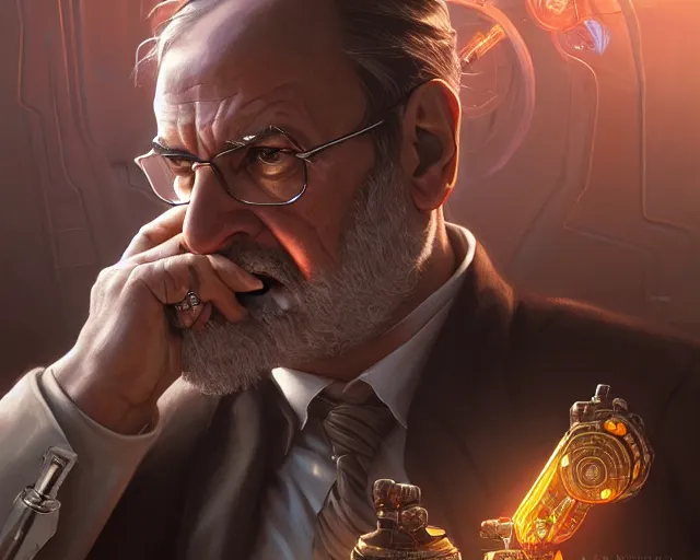 Image similar to oldman florentino perez with cyberpunk implants, deep focus, d & d, fantasy, intricate, elegant, highly detailed, digital painting, artstation, concept art, matte, sharp focus, illustration, hearthstone, art by artgerm and greg rutkowski and alphonse mucha