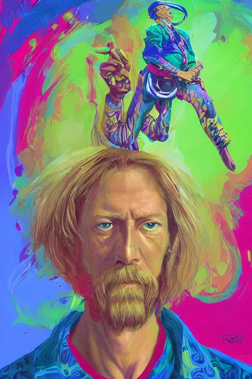 Prompt: a professional painting of Duane Allman, in brightly colored psychedelic shirt, long hair, beautiful bone structure, symmetrical facial features, intricate, elegant, digital painting, concept art, smooth, sharp focus, illustration, from StarCraft by Ruan Jia and Mandy Jurgens and Artgerm and William-Adolphe Bouguerea, epic, stunning, gorgeous, intricate detail, much wow, 4K, masterpiece, trending on artstation