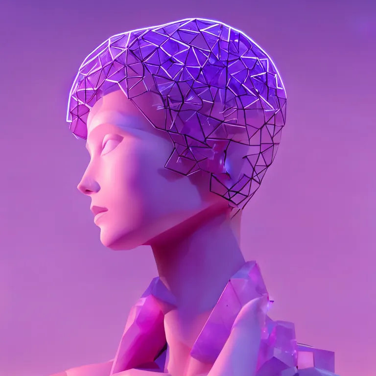 Image similar to beautiful mannequin sculpted out of amethyst by billelis + lit with 3 d geometric neon + doorway opening with neon pink geometric light + hosta flowers!!!, moon in background!!!!!!, rule of thirds, clean linework, dramatic, award winning, 4 k, trending on artstation, photorealistic, volumetric lighting, octane render