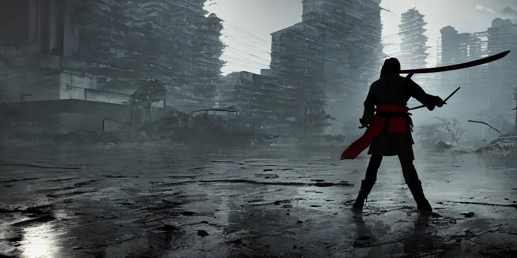 Image similar to samurai silhouette with katana in right hand staying in the abandoned concrete temple, abandoned buildings, empty streetscapes, surrounded by lush green vegetation, ground-level view, puddles of water, stunning volumetric lighting, sunset, trending on Artstation, 8k, photorealistic, hyper detailed, unreal engine 5, cinematic, epic lighting, cryengine, octane render, cyberpunk, red and orange glow, dark, gloomy