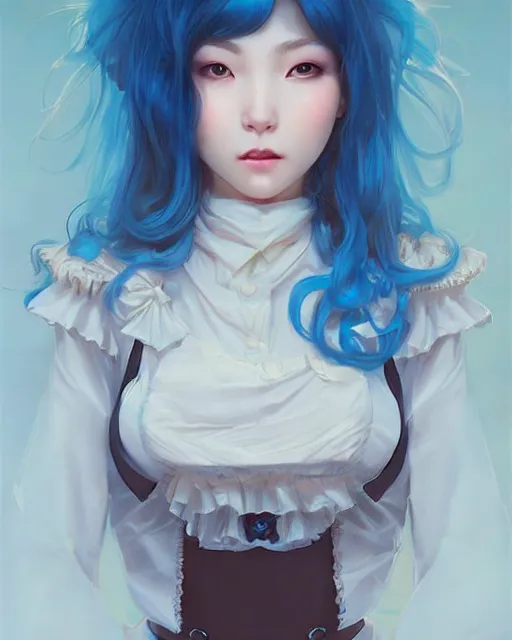 Image similar to symmetrical portrait of a pretty korean girl with blue hair dressed as a french maid digital painting, 8 k, concept art, art by wlop, artgerm, greg rutkowski and alphonse mucha