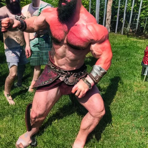 Image similar to kratos at a backyard barbecue