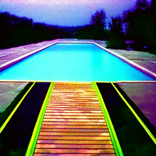 Image similar to Beautiful colored-photo cameraphone 2005 soft liminal Photograph of an infinite dark walkway pool