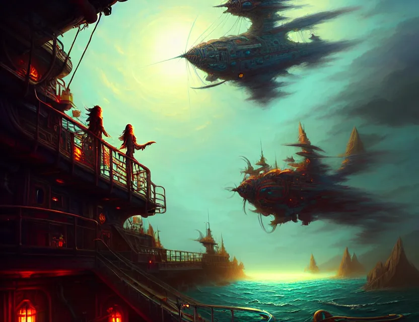 Prompt: standing upon the deck of the flying ship, d & d fantasy art, artstation contest winner, beautiful digital painting in the style of dan mumford, art by kev chan, volumetric lighting, concept art, speedpainting, fantasypunk, deep colors, cgsociety, by art germ, by gerald brom, by peter mohrbacher