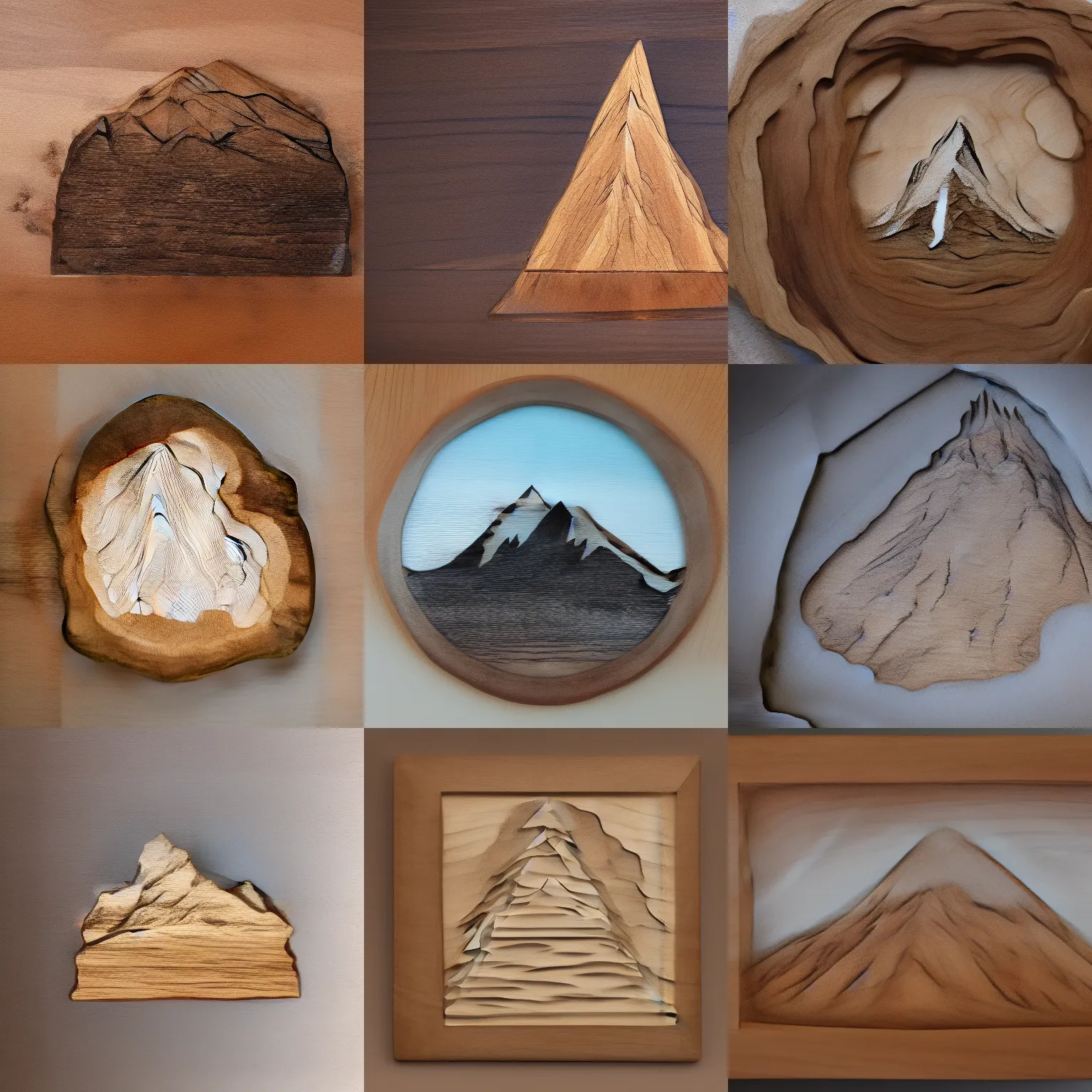 Prompt: a mountain etched in a piece of wood