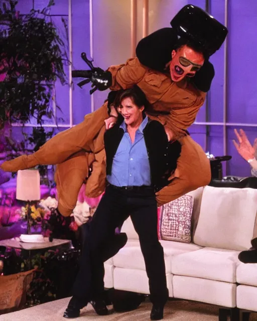 Image similar to tom cruise, dressed as maverick, jumps on oprah's couch during an episode of the oprah winfrey show while wearing a jet pack, hyperreal