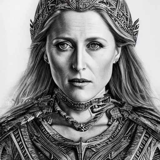 Prompt: hyper realistic pencil drawing of Gillian Anderson as a viking princess, intricate detail, beautiful, battle armor, war, fight, light, dragon, colorful